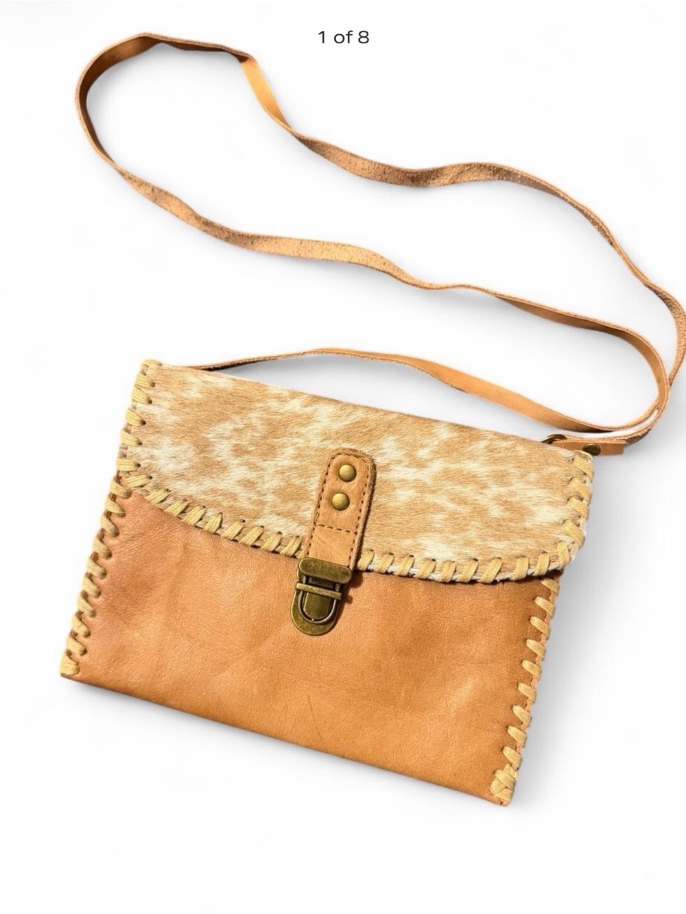 P&G Genuine Leather Hair-On Cowhide Boho Western Crossbody Purse Neutral Tan